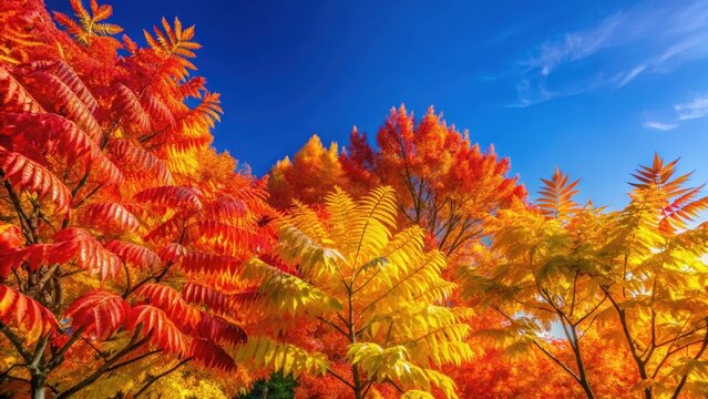 Vibrant autumn foliage with Rhus typhina trees displaying bright orange and yellow leaves against a clear blue sky