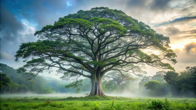 Towering ceiba tree stands alone in a misty forest clearing