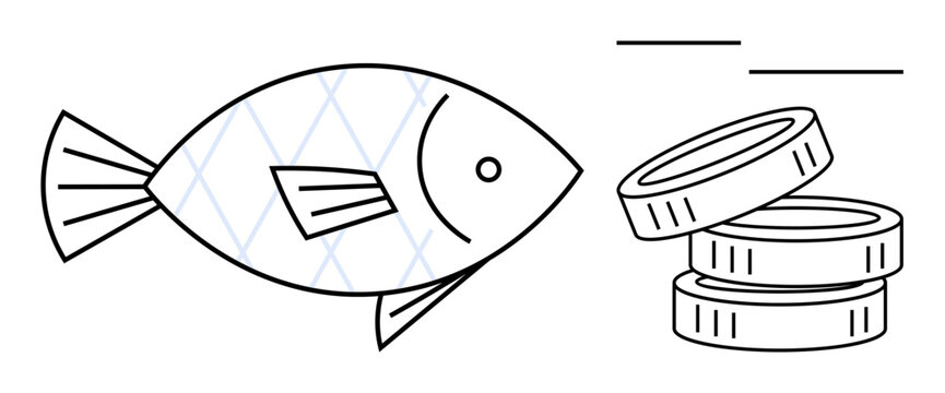 Fish beside stacked coins conveying ideas of financial trade, seafood industry, sustainable fishing, resource management, or commerce. Ideal for business, economy, sustainability, diet trading