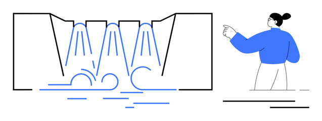 Dynamic water flowing through a dam, accompanied by a person pointing to the scene. Ideal for environmental awareness, nature, water conservation, energy, hydroelectric power, sustainability