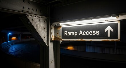 Industrial Sign Directing Access to Elevated Ramp System with Arrow Symbol at Night