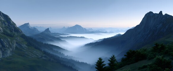 Elevated perspective shows tranquil mountain valleys covered in soft mist.