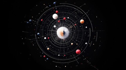 A stylized, abstract depiction of a solar system with colorful spheres representing planets orbiting concentric rings around a central, glowing orb.