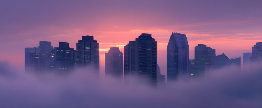 Creative minds gather as dawn reveals a misty urban skyline.