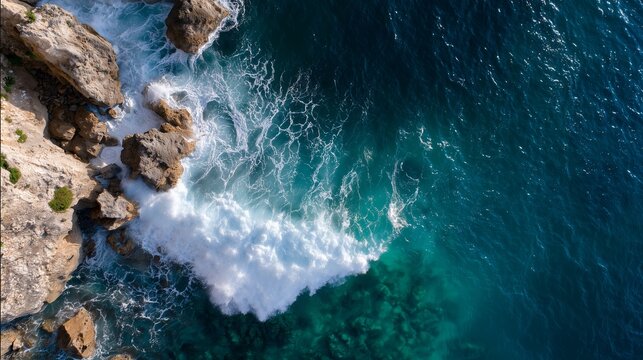 Waves crashing on rocky shoreline in coastal waters during sunny day