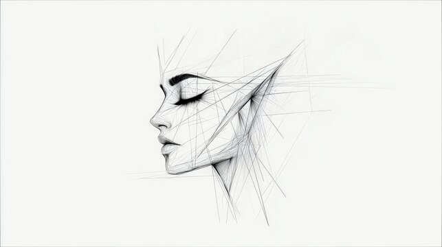 A minimalist pencil sketch of a woman's profile, featuring sharp geometric lines and closed eyes, set against a white background. - Powered by Adobe