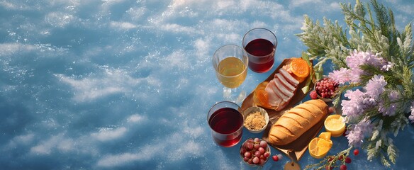 Frozen lake brunch set featuring meals and beverages arranged on the ice surface