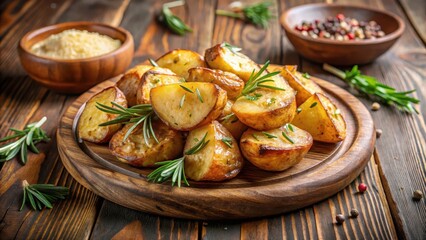 Aromatic roasted potatoes with fragrant rosemary and salt on a rustic wooden plate in a cozy kitchen setting