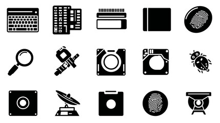Modern Technology, Cybersecurity, and Electronics Vector Icon Set: Computing, Data, Surveillance, Engineering