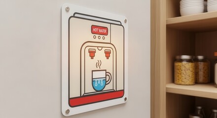 Illustrated Sign Showing Hot Water Dispenser Fixed On The Wall Near A Pantry