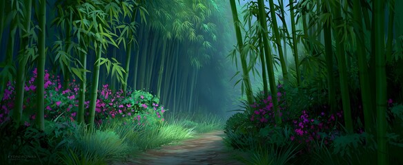 Peaceful bamboo trail evokes soothing calmness surrounded by lively vibrant foliage.
