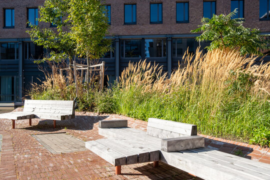 Benches and greenery shaping an urban landscape park beneath architecture in Oslo Norway supporting city detail concepts tied to urban design and public space use