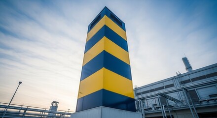 Industrial Structure with Yellow and Blue Stripes Against Blue Sky and Architecture