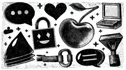 Grainy black and white textured icon set featuring communication, security, and digital symbols for abstract concepts illustration.