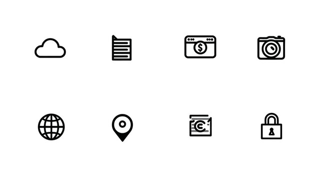 Minimalist outline icon set for web and app design, including cloud storage, e-commerce, security, and global communication.