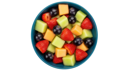 Isolated bowl of fresh mixed fruit salad with ripe strawberries, cantaloupe cubes & grapes