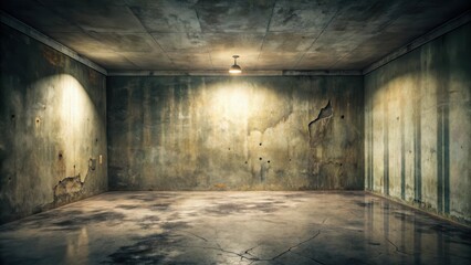 Fototapeta premium A dimly lit empty room with a grimy wall covered in dust and grime