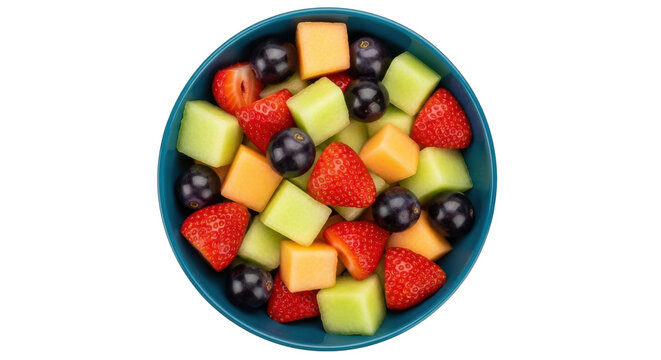 Isolated bowl of fresh mixed fruit salad with ripe strawberries, cantaloupe cubes & grapes