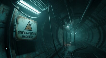 Industrial Tunnel System With Warning Sign Illuminated In Dim Lighting