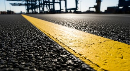 Industrial Asphalt Road With Yellow Line Leading Towards Port Infrastructure