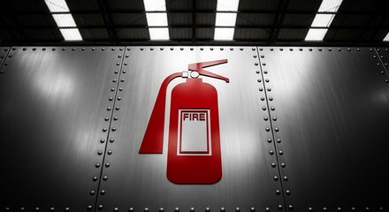 Industrial Background Featuring Fire Extinguisher Sign on Metallic Surface with Natural Lighting