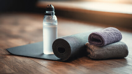 Fitness essentials: a rolled yoga mat, water bottle, and two towels on a warm wooden floor, ready for exercise.
