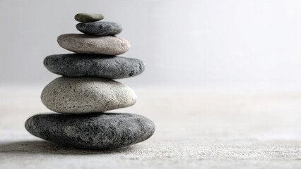 A perfectly balanced stack of smooth, grey pebbles creating a serene and minimalist zen composition, symbolizing tranquility, balance, and harmony.