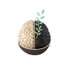 Calm brain illustration with one half light and other dark, decorated with delicate branch symbolizing mental wellness