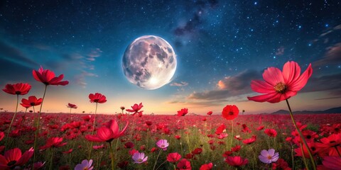 Naklejka premium A field of vibrant red cosmos flowers stretches towards the horizon under a breathtaking full moon in a dreamy midnight landscape