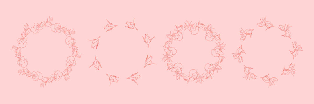 Set of red hand drawn floral circle frame. Trendy Vintage coquette border with roses. Botanical design template for wedding invitation, birthday card, print, holiday poster, Valenine's Day