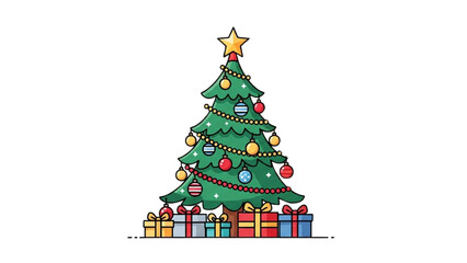 Decorated Christmas Tree with Gifts and Ornaments Underneath