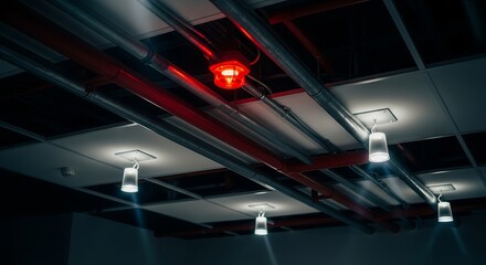 Industrial Ceiling With Piping Construction And Modern Luminaries Illuminated For Ambiance