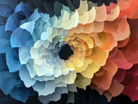 A visually striking abstract image features a swirling vortex composed of layered, organic shapes that transition in color from cool blues on the left to warm o