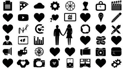 Diverse black silhouette icons for web design, app interfaces, business, social media, and lifestyle on a white background