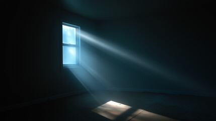A soft beam of light entering through a simple rectangular window in an empty room.