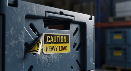 Industrial Container With Caution Sign Indicating Heavy Load In Warehouse Environment