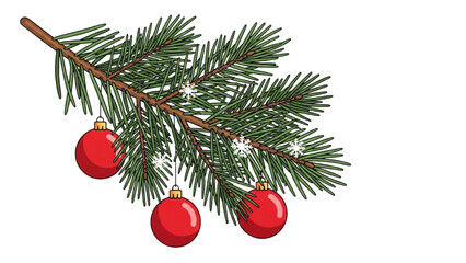 Festive Evergreen Branch with Red Ornaments and Sparkling Snow