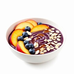 Healthy aa bowl with peach slice, blueberry, and almond flake topping, isolated on white background