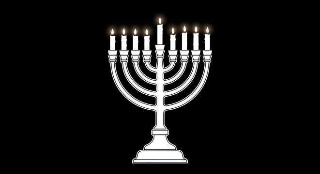A minimalist white silhouette of a Hanukkah menorah on black, symbolizing tradition and the Festival of Lights. - Powered by Adobe