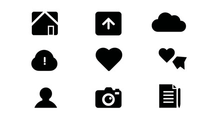 Essential UI/UX Web and App Interface Icons Set: Home, Upload, Cloud, Like, User, Camera, and Document for Digital Design