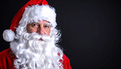 Retrato de Papá Noel con barba blanca, gorro y traje rojo, aislado sobre fondo negro con espacio para texto, para mensaje navideño, cartas navideñas, campañas de navidad y felicitaciones.