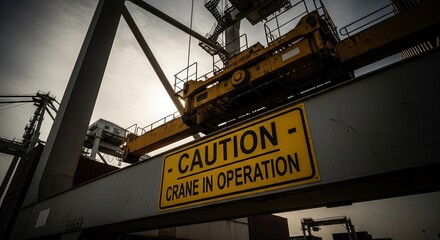 Industrial Crane Warning Sign At A Port During Day Against Moody Sky