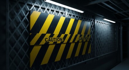 Industrial Warning: A Dark Corridor Featuring Caution Stripes and Barred Metal