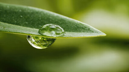 Two clear water droplets cling to a vibrant green leaf, one suspended beneath, beautifully reflecting the lush, natural environment.