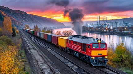 Freight train hauling cargo containers at sunset reflecting industry and transport