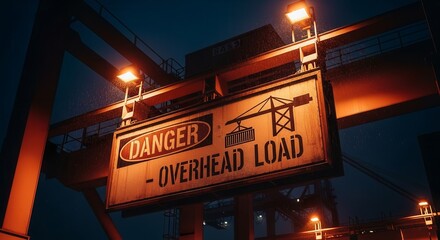 Industrial Crane Warning Sign Illuminated At Night With Rain Effects, Alert and Caution