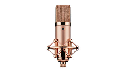 Isolated rose-gold microphone, a studio recording device with suspension mount and mesh head