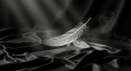 Delicate white feather gracefully positioned on luxurious silk with subtle mist.
