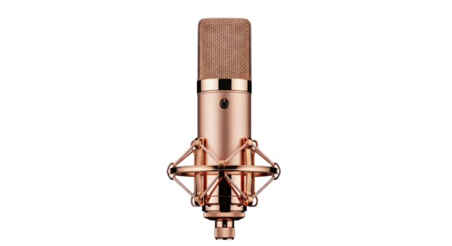 Isolated rose-gold microphone, a studio recording device with suspension mount and mesh head