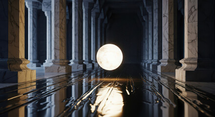 Glowing moon sphere in a grand marble column hall with reflective wet floor